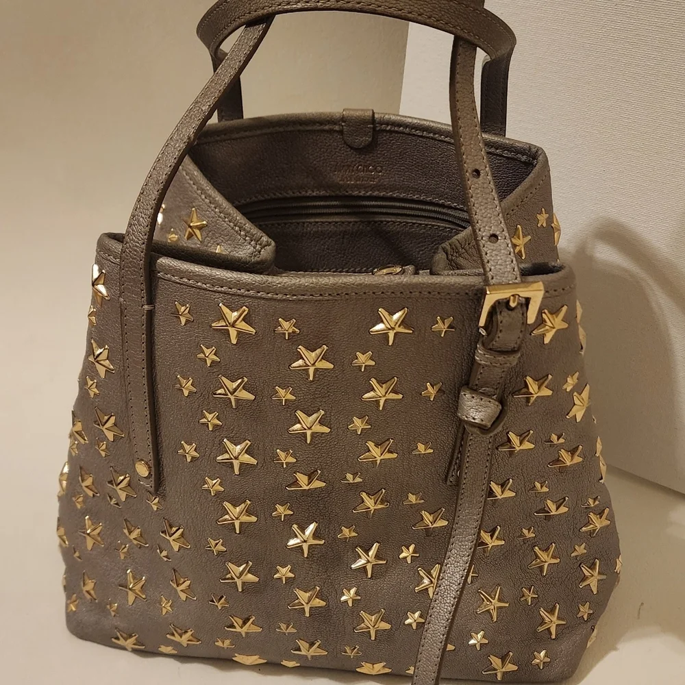 Jimmy Choo's Sasha Star-Studded Gray Metallic, Adjustable Tote Bag - Picture 10 of 10